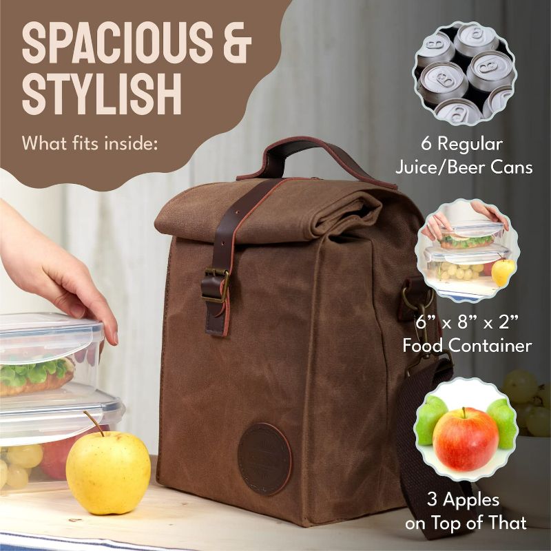 Photo 2 of ASEBBO Insulated Lunch Bag 10L Sturdy Waxed Canvas Lunch Box for Men and Women - Leakproof Insulated Cooler Bag for Work Picnic Hiking - Premium Lunchbox for Adults (Brown)
