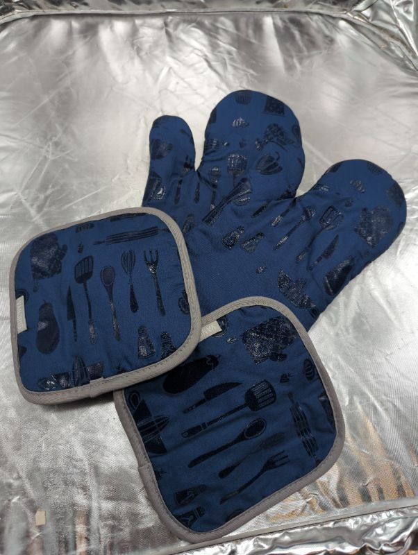 Photo 1 of Dark Blue Oven Mitts and Pot Holders Set- BBQ Design 