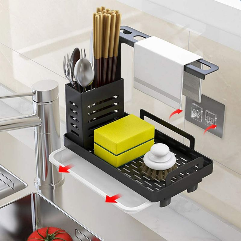 Photo 4 of N A Kitchen Sink Caddy Organizer, Sponge Soap Brushes Holder Rag Rack with Drain Tray Countertop Wall Mounted Stainless Steel Rustproof, Black
