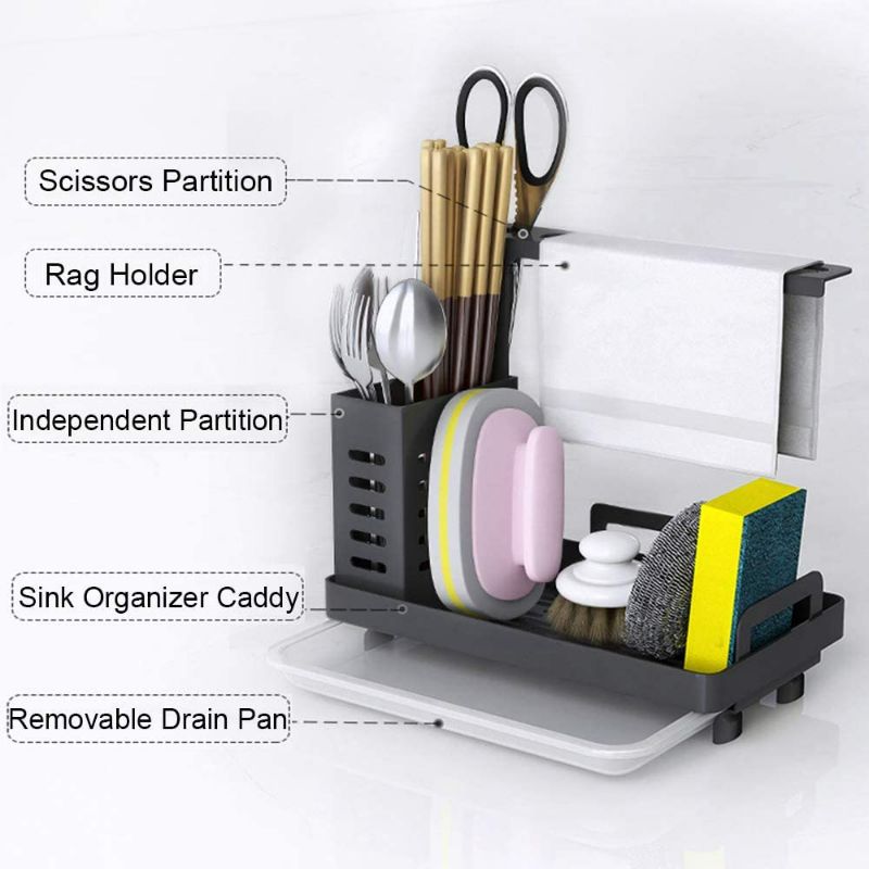 Photo 3 of N A Kitchen Sink Caddy Organizer, Sponge Soap Brushes Holder Rag Rack with Drain Tray Countertop Wall Mounted Stainless Steel Rustproof, Black

