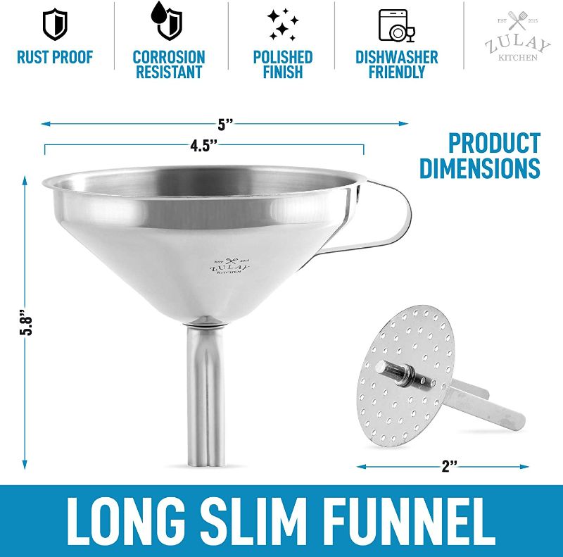 Photo 3 of Zulay (5 inch) Stainless Steel Kitchen Funnel - Food Grade Metal Funnel With Removable Filter - Rustproof Stainless Steel Funnel For Filtering or...
