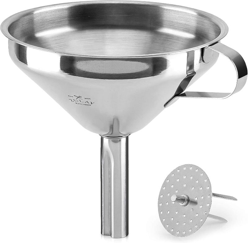 Photo 1 of Zulay (5 inch) Stainless Steel Kitchen Funnel - Food Grade Metal Funnel With Removable Filter - Rustproof Stainless Steel Funnel For Filtering or...
