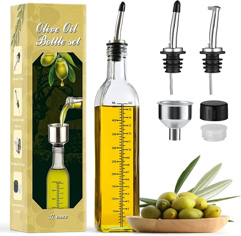 Photo 1 of AOZITA 17oz Glass Olive Oil Dispenser Bottle - 500ml Clear -Oil & Vinegar Cruet with Pourers and Funnel - Olive Oil Carafe Decanter for Kitchen
