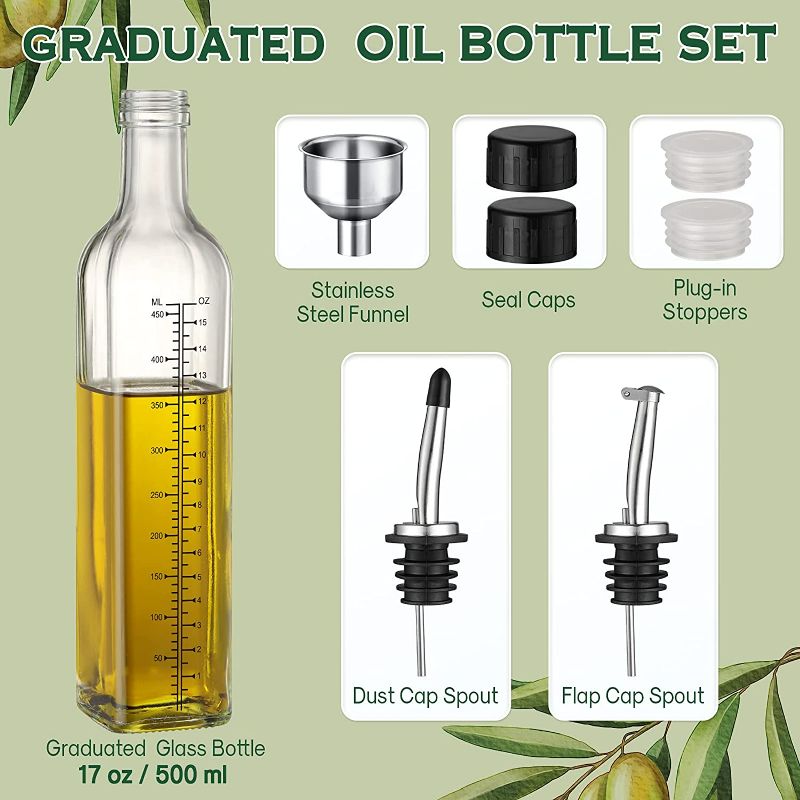 Photo 2 of AOZITA 17oz Glass Olive Oil Dispenser Bottle - 500ml Clear -Oil & Vinegar Cruet with Pourers and Funnel - Olive Oil Carafe Decanter for Kitchen

