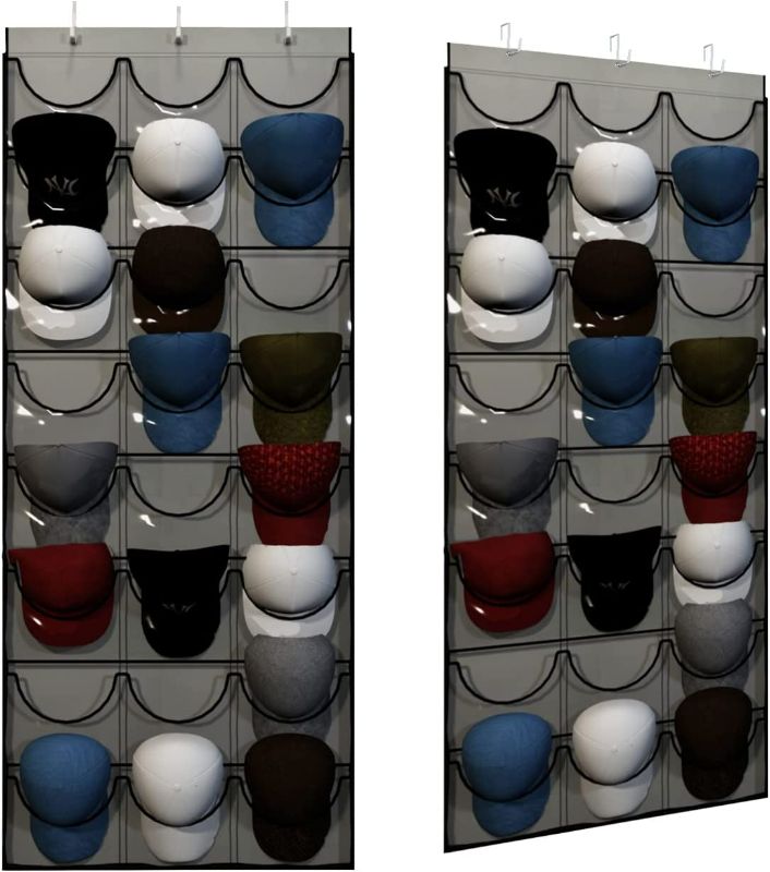 Photo 1 of Unjumbly Baseball Hat Rack, 24 Pocket Over-The-Door Cap Organizer with Clear Deep Pockets to Display Your Baseball Caps Collection, Complete with 3 Over Door Hooks, Fit 1 3/8" and 1 3/4" Door Width
