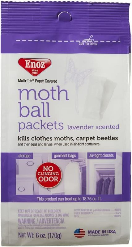 Photo 2 of Enoz Lavender Scented Moth Ball Packets: Kills Clothes Moths, Carpet Beetles, Eggs and Larvae (6 oz Bag, 3 Pack)
