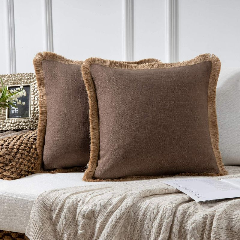 Photo 1 of Phantoscope Pack of 2 Farmhouse Decorative Throw Pillow Covers Linen Tassel Trimmed Fall Outdoor Pillow Decor, Coffee, 22 x 22 inches, 55 x 55 cm
