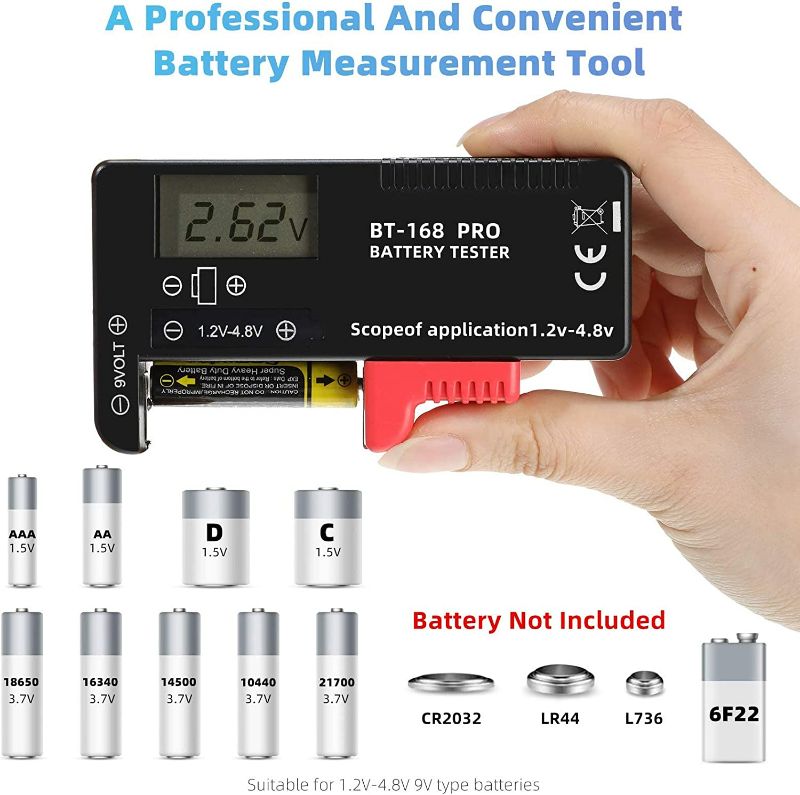 Photo 1 of 2 Pieces Digital LCD Universal Battery Tester (Model: BT - 168 PRO), Battery Tester Volt Checker for AA AAA C D 9V 3.7V 1.5V Button Cell
