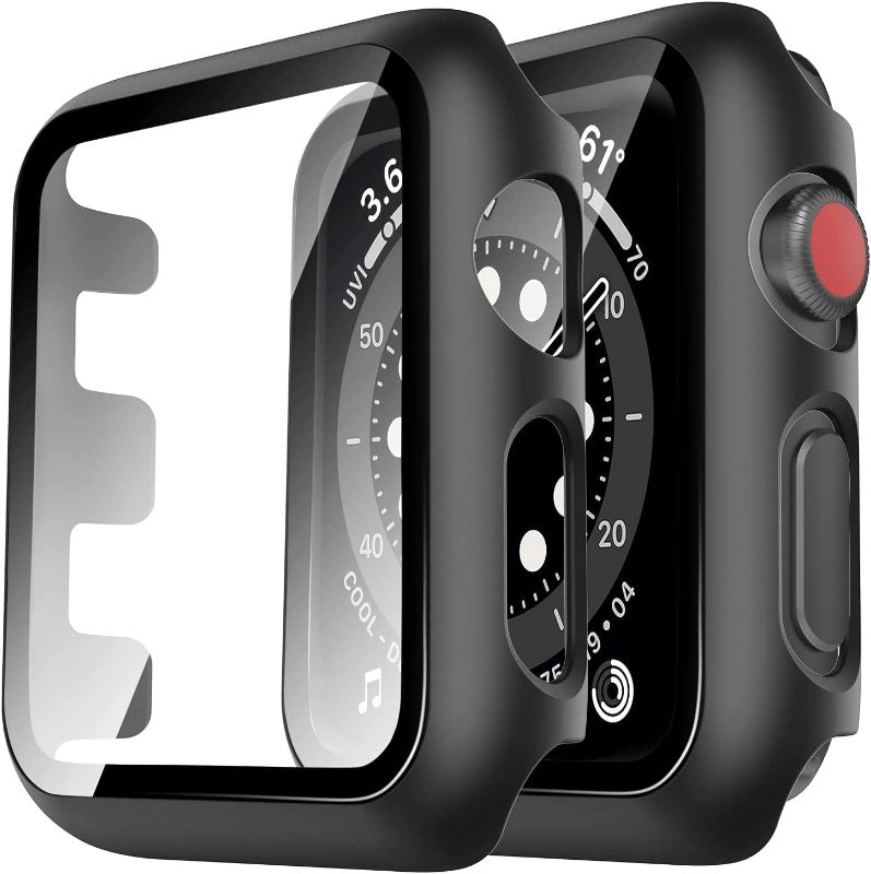 Photo 1 of Tauri 2 Pack Hard Case Designed for Apple Watch Series 3/2/1 38mm, Built in 9H Tempered Glass Screen Protector, [Touch Sensitive] [Full Coverage] Slim Bumper Protective Cover for iWatch 38mm - Black
