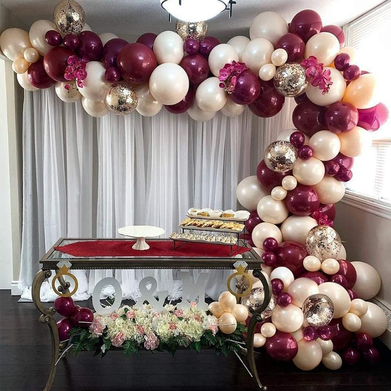 Photo 1 of GIHOO Burgundy Valentine's Day Balloon Garland Kit, 117pcs 5/10inch Burgundy Balloons Blush Balloons Gold Confetti Balloons with 16ft Garland Strip for Wedding Bachelorette Birthday Decoration
