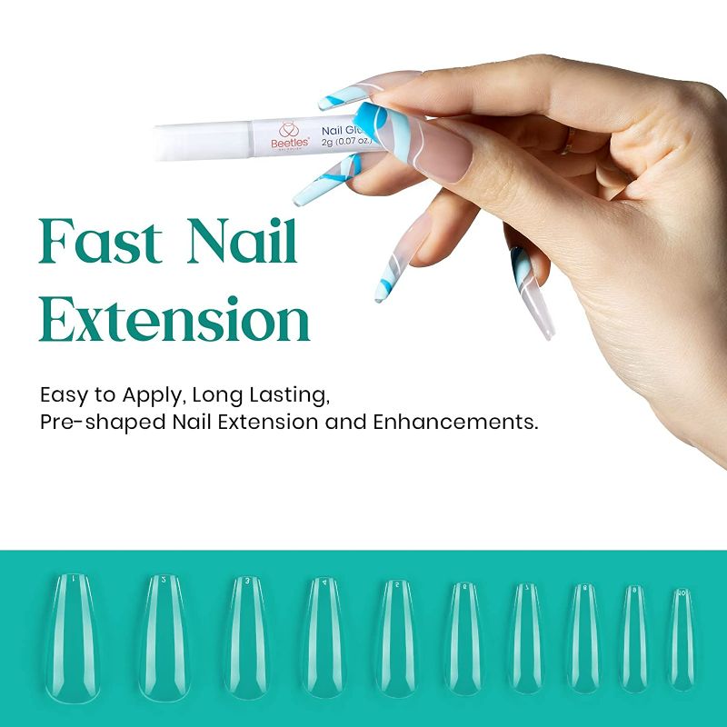 Photo 2 of Beetles Long Coffin Fake Gel Nail Tips - 500Pcs Acrylic Press on Nails Clear Artificial False Nails with Nail Glues for Acrylic Nail/Dip Powder Nails/Poly Nail Extension Gel Holiday Nails Art Design
