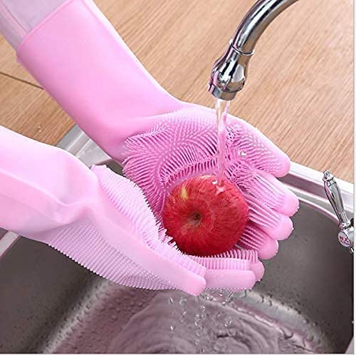 Photo 2 of Silicone Dishwashing Gloves, Rubber Scrubbing Gloves, Sponge Cleaning Brush for Dishes Housework, Kitchen, Cars
