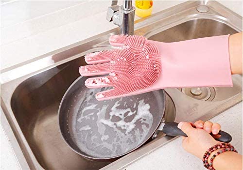 Photo 3 of Silicone Dishwashing Gloves, Rubber Scrubbing Gloves, Sponge Cleaning Brush for Dishes Housework, Kitchen, Cars
