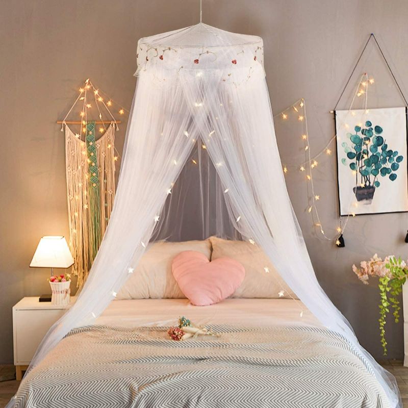 Photo 1 of Jeteventy Bed Canopy, Princess Bed Curtain Net for Single to King Size,Bedroom Decoration of Round Lace Dome with Stainless Steel Hook ,Quick Easy Installation (PALE YELLOW)
