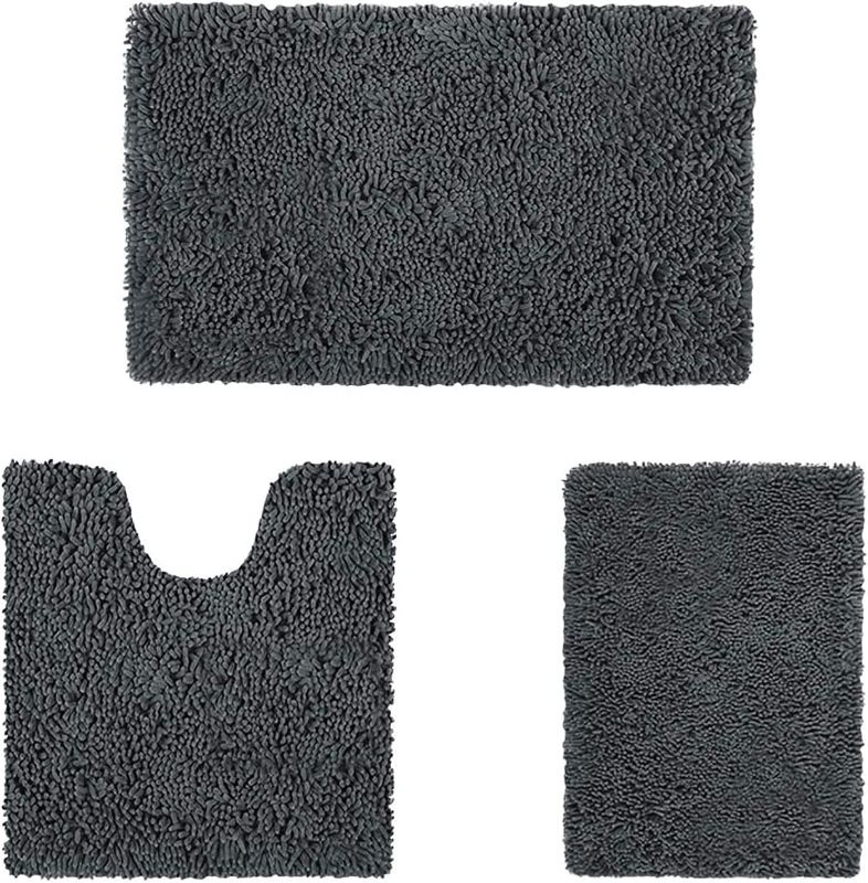 Photo 1 of HOMEIDEAS 3 Pieces Bathroom Rugs Set Ultra Soft Non Slip and Absorbent Chenille Bath Rug, Charcoal Bathroom Rugs Plush Bath Mats for Tub, Shower, Bathroom
