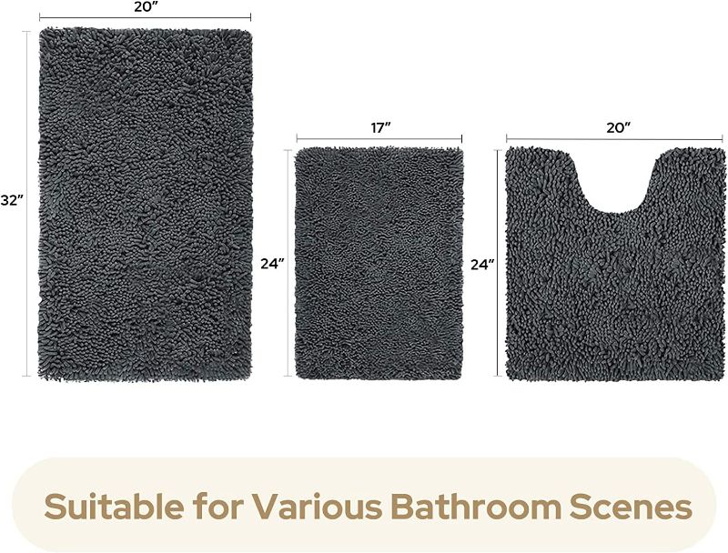 Photo 3 of HOMEIDEAS 3 Pieces Bathroom Rugs Set Ultra Soft Non Slip and Absorbent Chenille Bath Rug, Charcoal Bathroom Rugs Plush Bath Mats for Tub, Shower, Bathroom
