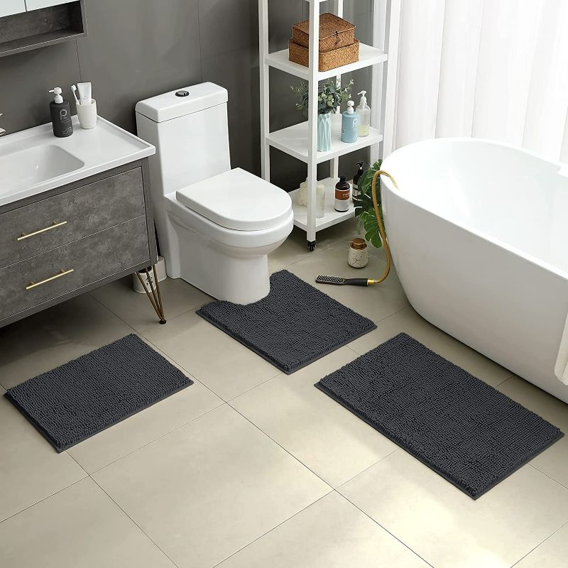 Photo 2 of HOMEIDEAS 3 Pieces Bathroom Rugs Set Ultra Soft Non Slip and Absorbent Chenille Bath Rug, Charcoal Bathroom Rugs Plush Bath Mats for Tub, Shower, Bathroom
