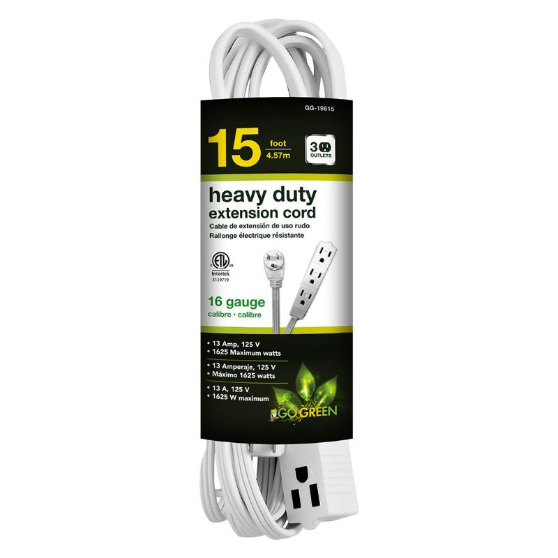 Photo 1 of GoGreen Power (GG-19615) 16/3 15’ 3 Outlet Extension Cord, White, 15 Ft Cord