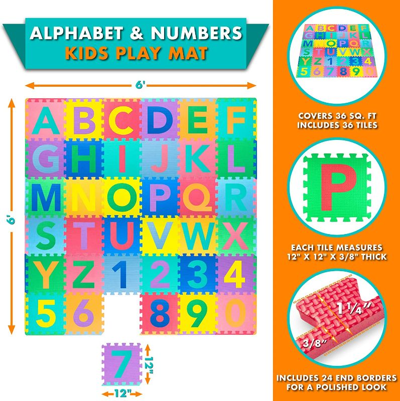 Photo 2 of ProSource Kids Puzzle Alphabet, Numbers, 36 Tiles and Edges Play Mat, 12" by 12",Abc & 123 - Patter of Colors May Differ
