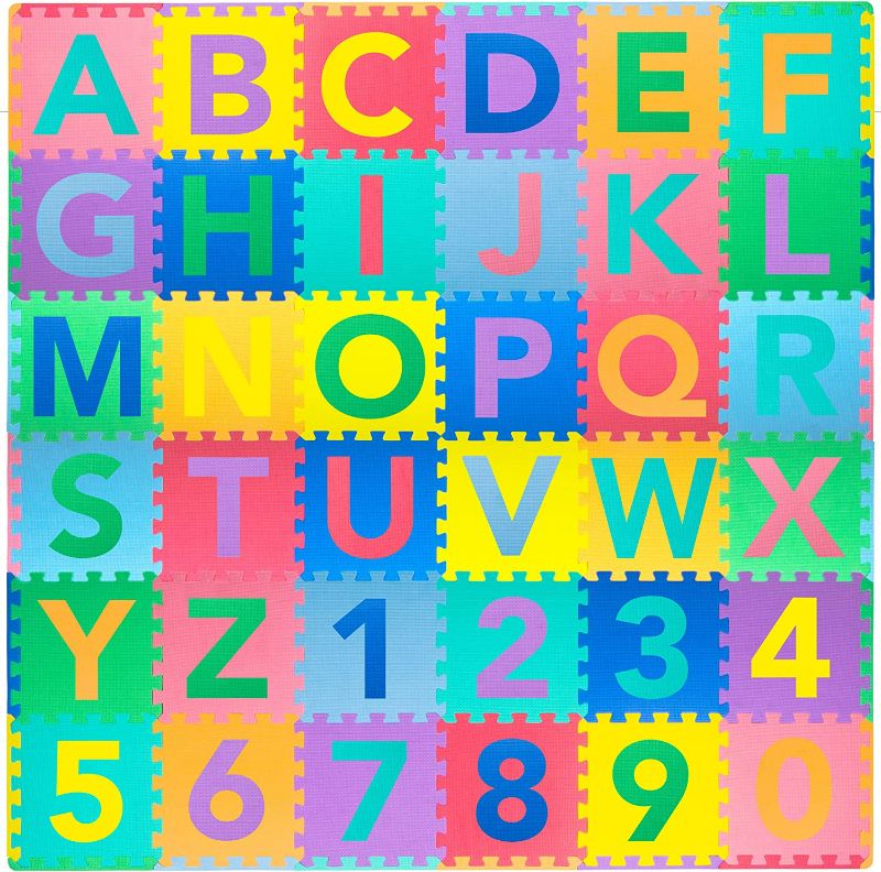 Photo 1 of ProSource Kids Puzzle Alphabet, Numbers, 36 Tiles and Edges Play Mat, 12" by 12",Abc & 123 - Patter of Colors May Differ
