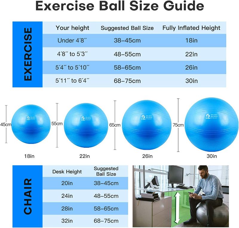Photo 1 of Gruper Yoga Ball,22" Blue Extra Thick Exercise Ball for Workout Fitness Balance - Anti Burst Yoga Chair for Home and Office -Includes Hand Pump & Workout...
