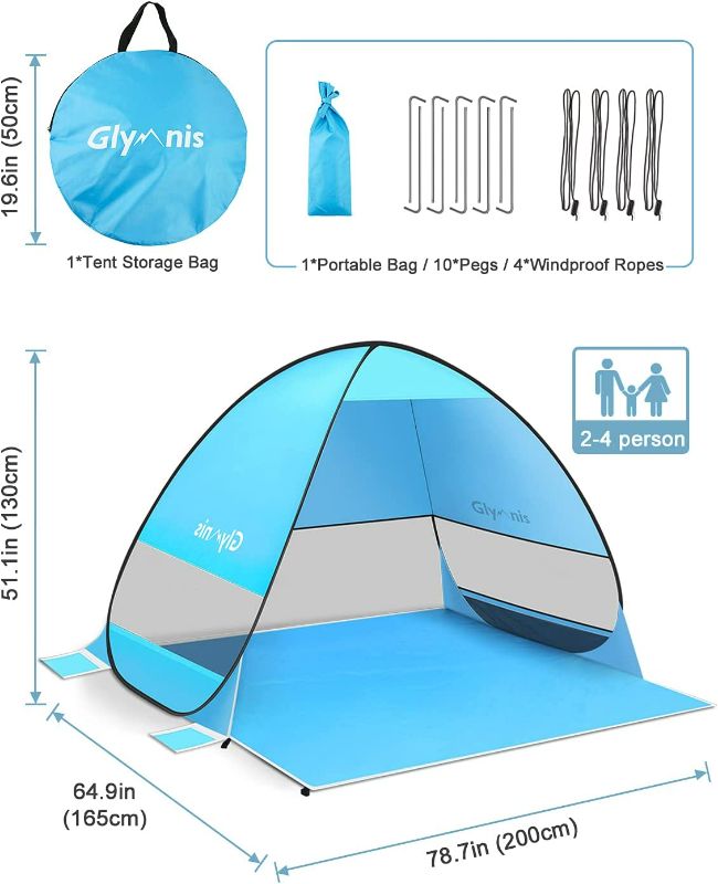 Photo 4 of Glymnis Pop Up Beach Tent UPF 50+ Sun Shelter for 2-3 Person Automatic Portable Beach Shade Tent Outdoor Cabana Sun Umbrella
