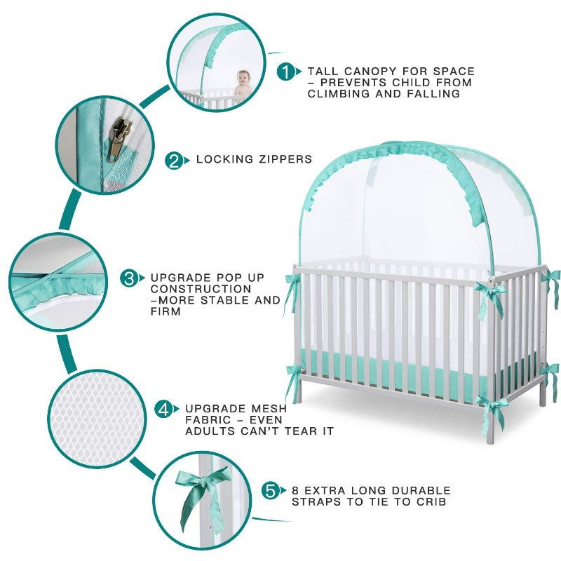 Photo 4 of L RUNNZER Crib Pop Up Tent Baby Safety Mesh Cover Mosquito Net Toddler Bed Canopy Netting Cover Protect Baby from Biting and Falling, Emerald, 51 x 51 x 27 Inch

