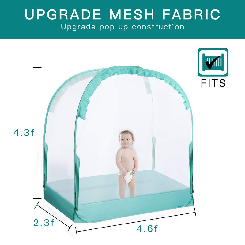 Photo 5 of L RUNNZER Crib Pop Up Tent Baby Safety Mesh Cover Mosquito Net Toddler Bed Canopy Netting Cover Protect Baby from Biting and Falling, Emerald, 51 x 51 x 27 Inch
