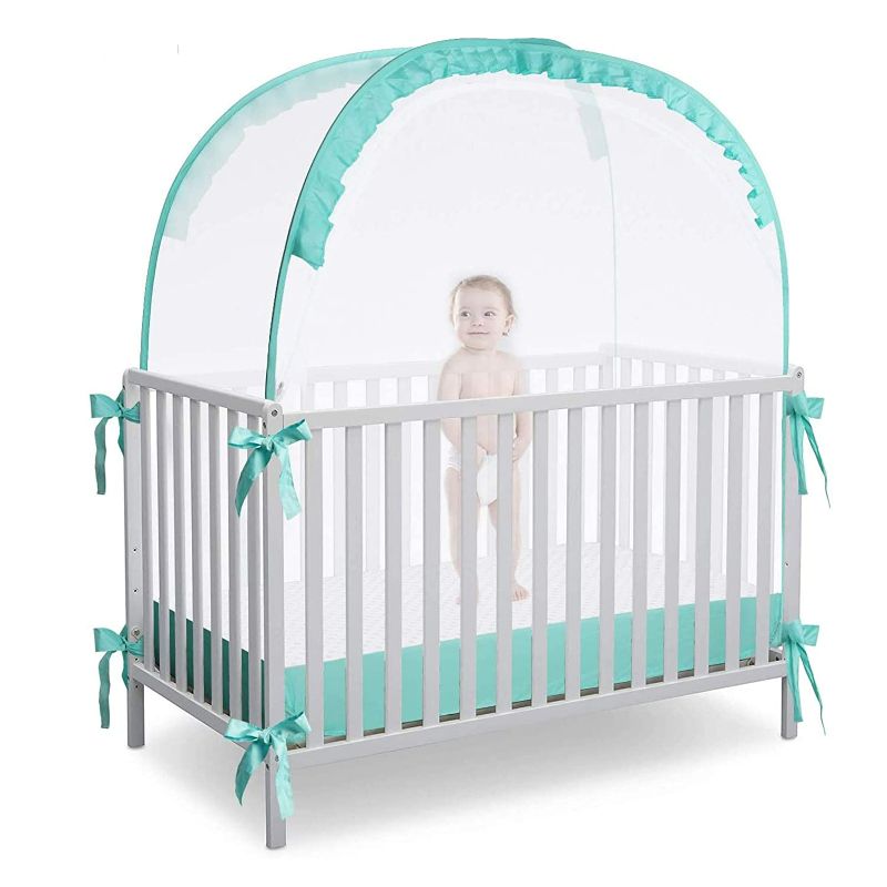 Photo 1 of L RUNNZER Crib Pop Up Tent Baby Safety Mesh Cover Mosquito Net Toddler Bed Canopy Netting Cover Protect Baby from Biting and Falling, Emerald, 51 x 51 x 27 Inch
