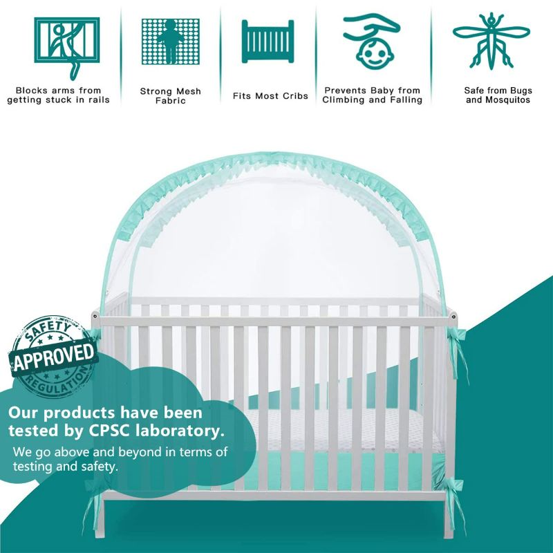 Photo 2 of L RUNNZER Crib Pop Up Tent Baby Safety Mesh Cover Mosquito Net Toddler Bed Canopy Netting Cover Protect Baby from Biting and Falling, Emerald, 51 x 51 x 27 Inch
