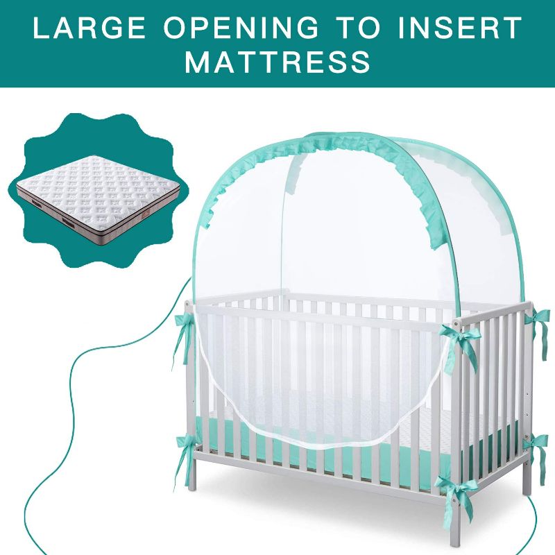 Photo 3 of L RUNNZER Crib Pop Up Tent Baby Safety Mesh Cover Mosquito Net Toddler Bed Canopy Netting Cover Protect Baby from Biting and Falling, Emerald, 51 x 51 x 27 Inch
