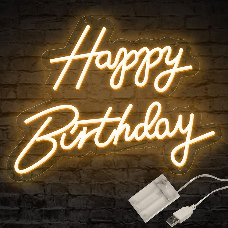 Photo 1 of ATOLS Happy Birthday Neon Sign for Wall Decor, Battery or USB Powered Happy Birthday Led Sign, Reusable Happy Birthday Light Up Sign for All Birthday Party Decoration, Size-17x13 Inch, Warm White
