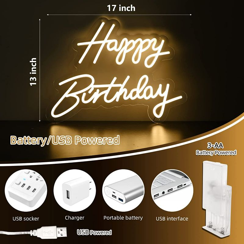 Photo 2 of ATOLS Happy Birthday Neon Sign for Wall Decor, Battery or USB Powered Happy Birthday Led Sign, Reusable Happy Birthday Light Up Sign for All Birthday Party Decoration, Size-17x13 Inch, Warm White
