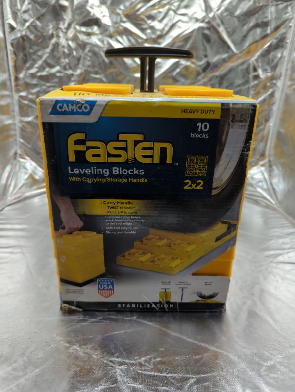 Photo 2 of Camco FasTen 2x2 RV Leveling Block For Single Tires, Interlocking Design Allows Stacking To Desired Height, Includes Secure T-Handle Carrying System, Yellow (Pack of 10) Yellow Single Tire Standard Packaging