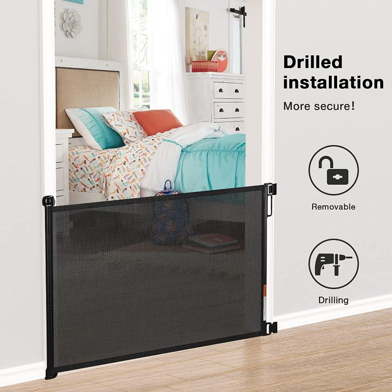 Photo 2 of Babepai Retractable Baby Gate Wide Safety Mesh Gate Easy to Roll and Latch for Stairways Doorways Hallways Patios Deck Banisters Flexible and Extensible Pets Gate Up to 54 inch Wide Black