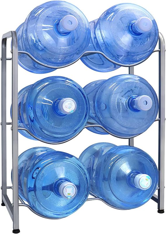 Photo 1 of Iococee 5 gallon water bottle holder, water jug holder rack 3-Tier, Water Cooler Jug Rack for 6 Bottles, 5 gallon water bottle storage Rack Heavy Duty, With Floor Protection for Home, Office
