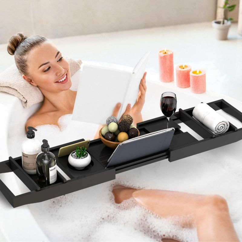 Photo 1 of Domax Bathtub Caddy Tray Expandable Bamboo Tub Tray for Luxury Bath with Book Holder and Free Soap Dish Black
