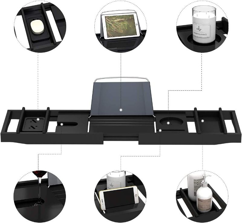 Photo 1 of Domax Bathtub Caddy Tray Expandable Bamboo Tub Tray for Luxury Bath with Book Holder and Free Soap Dish Black
