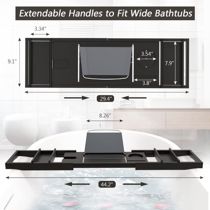 Photo 1 of Domax Bathtub Caddy Tray Expandable Bamboo Tub Tray for Luxury Bath with Book Holder and Free Soap Dish Black
