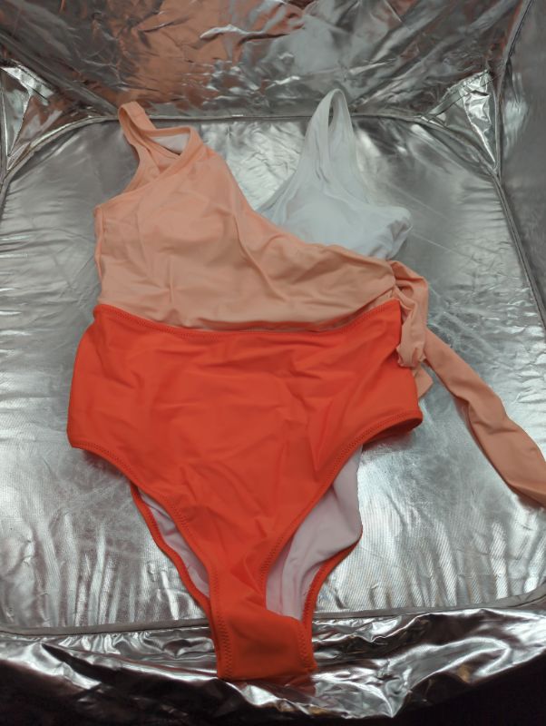 Photo 2 of CUPSHE Women's One Piece Swimsuit Wrap Color Block Tie Side Bathing Suit Orangewhite Large