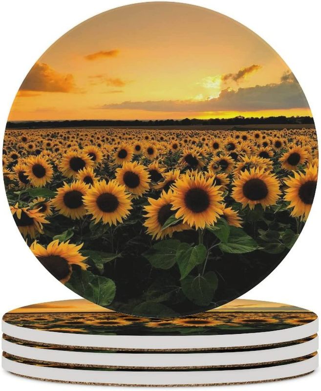 Photo 1 of Sunflower Field Coasters for Drinks Absorbent Set Drink for Furniture Protection Reusable Mat 4PCS
