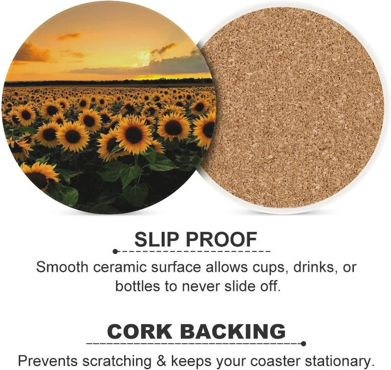 Photo 3 of Sunflower Field Coasters for Drinks Absorbent Set Drink for Furniture Protection Reusable Mat 4PCS
