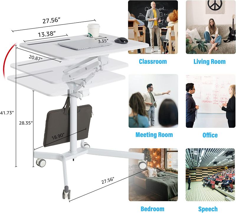 Photo 3 of Mobile Sit Stand Desk - Height Adjustable Standing Laptop Desk Cart Rolling Couch Table on Wheels White Workstation with Gas Spring Riser for Home Office Classroom