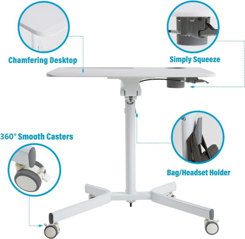 Photo 6 of Mobile Sit Stand Desk - Height Adjustable Standing Laptop Desk Cart Rolling Couch Table on Wheels White Workstation with Gas Spring Riser for Home Office Classroom