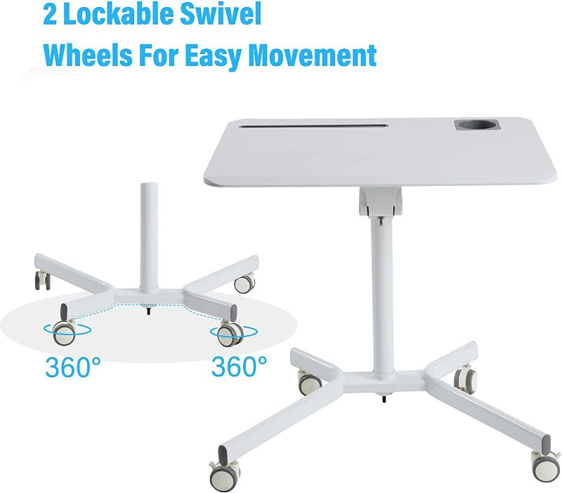 Photo 1 of Mobile Sit Stand Desk - Height Adjustable Standing Laptop Desk Cart Rolling Couch Table on Wheels White Workstation with Gas Spring Riser for Home Office Classroom