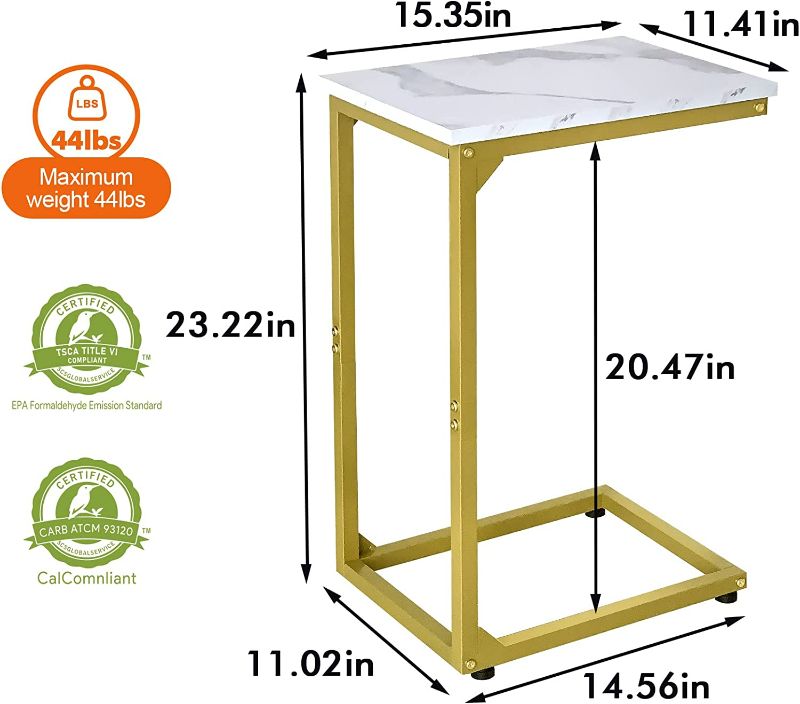 Photo 2 of AMHANCIBLE C Shaped End Table, Side Table for Sofa, Snack Couch Table That Slide Under for Living Room Bedroom Golden White Marble 
