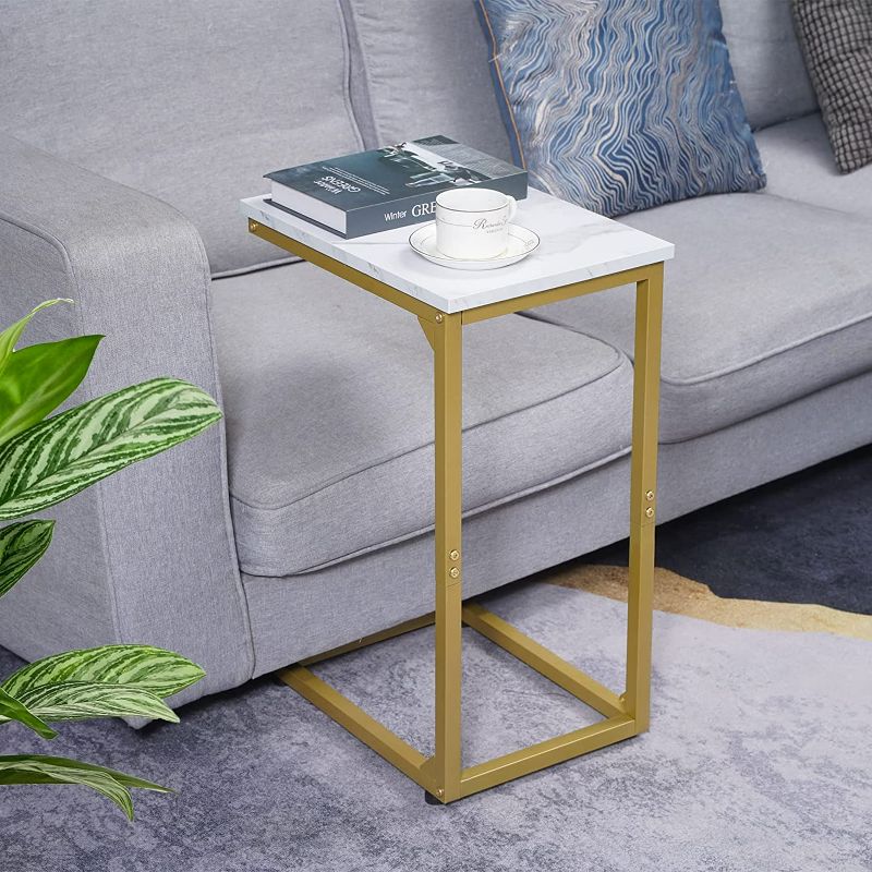 Photo 4 of AMHANCIBLE C Shaped End Table, Side Table for Sofa, Snack Couch Table That Slide Under for Living Room Bedroom Golden White Marble 
