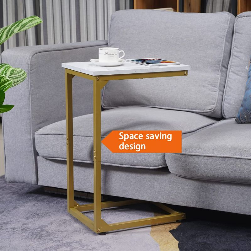 Photo 3 of AMHANCIBLE C Shaped End Table, Side Table for Sofa, Snack Couch Table That Slide Under for Living Room Bedroom Golden White Marble 
