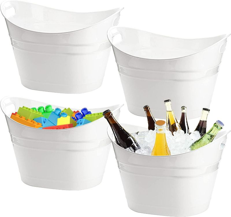 Photo 1 of ZEAYEA 4 Pack Beverage Tub, 18L Plastic Beer Bottle Bucket with Handles, White Party Tub for Drinks, Plastic Ice Bucket for Wine Beer Bottle Cooler
