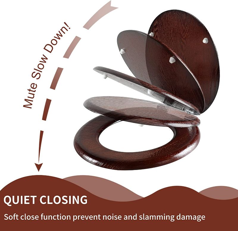 Photo 3 of Angel Shield Toilet Seat Round Wood with Slow Close,Easy Clean,Quick-Release Hinges (Round,Dark Walnut)
